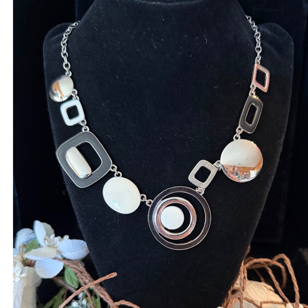 Lia Sophia 19" Silver Tone Black White Geometric Statement Necklace Adjustable